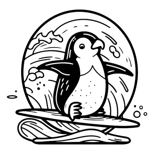 Cute penguin on a surfboard Hand drawn vector illustration