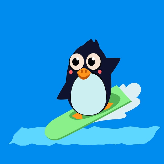 かわいいペンギンサーフィン。フラットベクトルIllustartionフラットスタイル