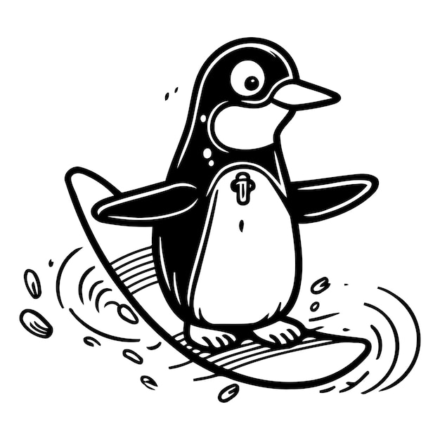 Pinguino carino che fa surf su una tavola da surf illustrazione vettoriale