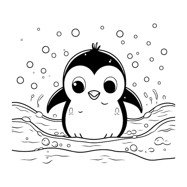 Vettore piccolo pinguino che nuota nel mare illustrazione vettoriale in bianco e nero
