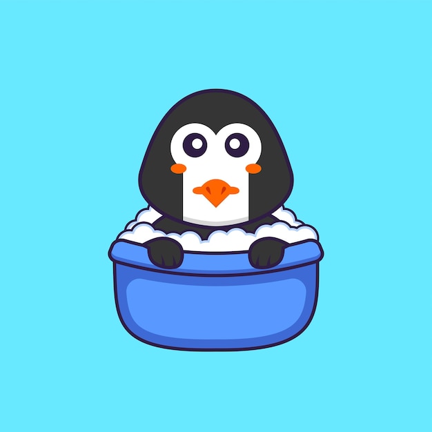 Cute penguin taking a bath in the bathtub. animal cartoon concept isolated.  flat cartoon style