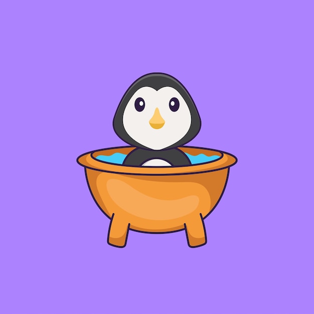 Cute penguin taking a bath in the bathtub. animal cartoon concept isolated.