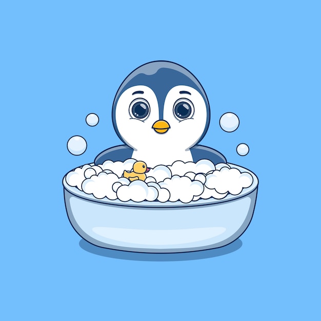 Cute penguin taking bath with duck toy and bubbles