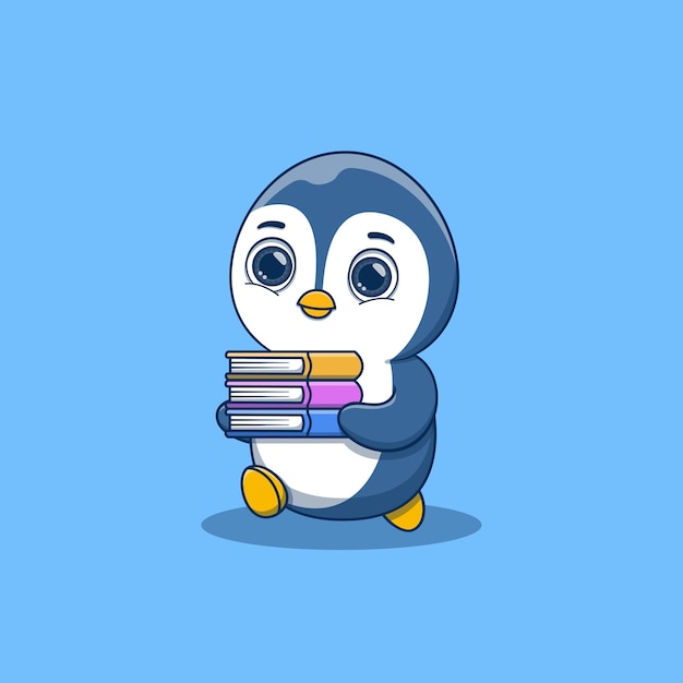 Cute penguin walking and bring some books