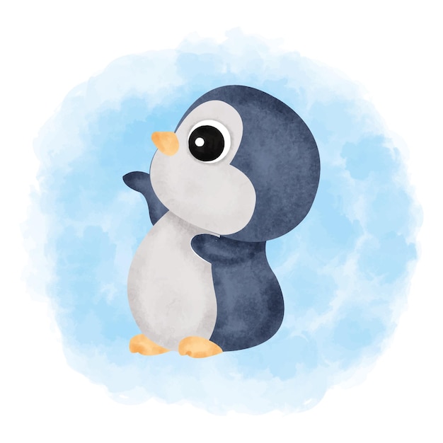 cute penguin watercolor blue background