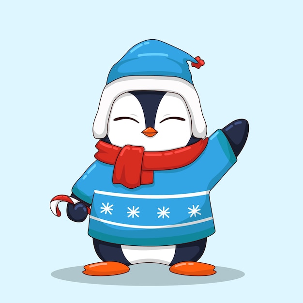 Vettore pinguino carino che indossa un maglione blu con un'illustrazione di caramelle di natale