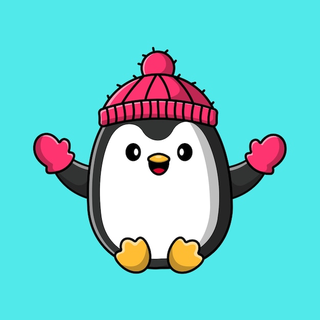 Cute Penguin Wearing Glove And Hat Cartoon Vector Icon Illustration