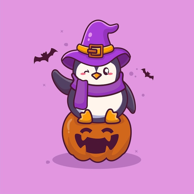 Vector cute penguin wearing hat witch sitting on pumpkin halloween cartoon