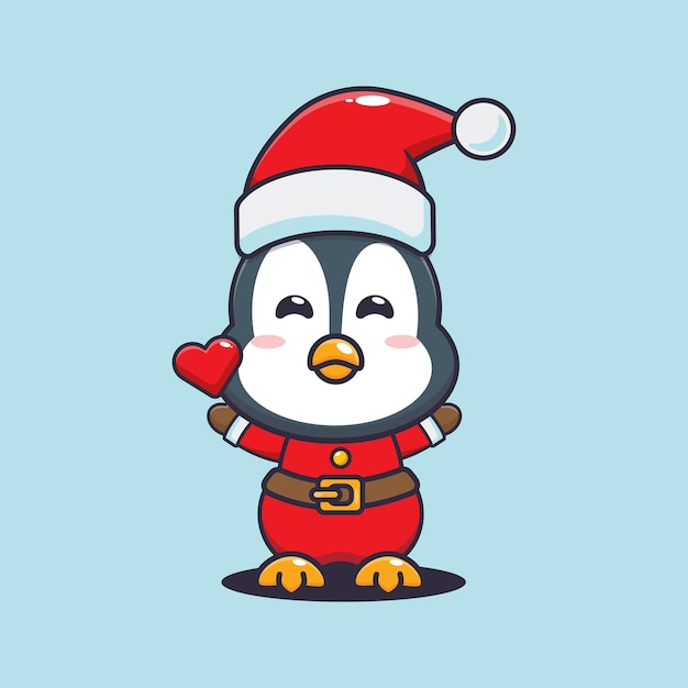 サンタの衣装を着たかわいいペンギン。かわいいクリスマス漫画イラスト。