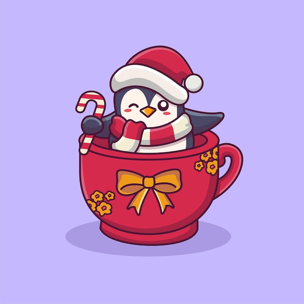 Simpatico pinguino che indossa il cappello di babbo natale in tazza simpatico cartone animato di natale illustrazione