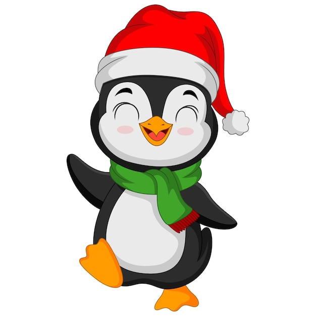 Vector cute penguin wearing santa hat and scarf