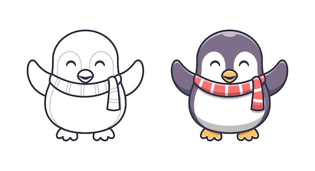 Cute penguin wearing a scarf cartoon coloring pages for kids