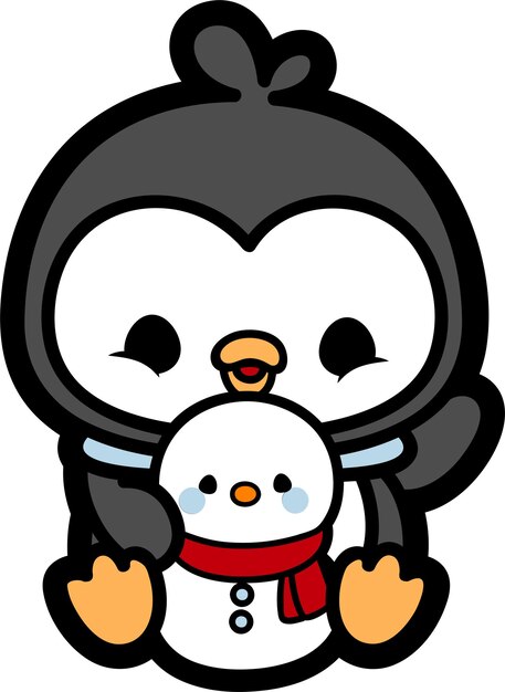 Вектор Милый пингвин со снеговиком