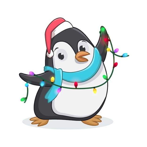 Вектор Милый пингвин с рождественскими огнями