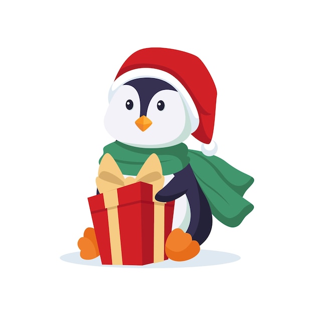 Cute Penguin with Christmas Gift Character Design Illustration