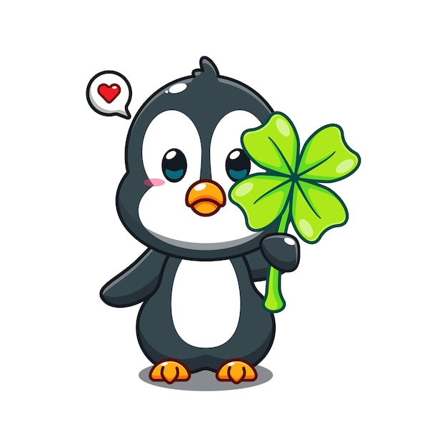 cute penguin with clover leaf cartoon vector illustration