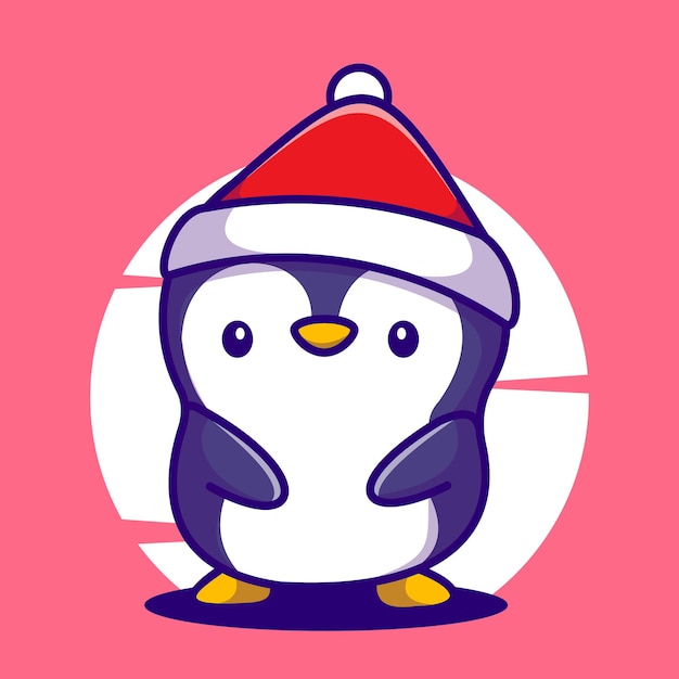 cute penguin with cute snow hat cartoon mascot illustration vector icon