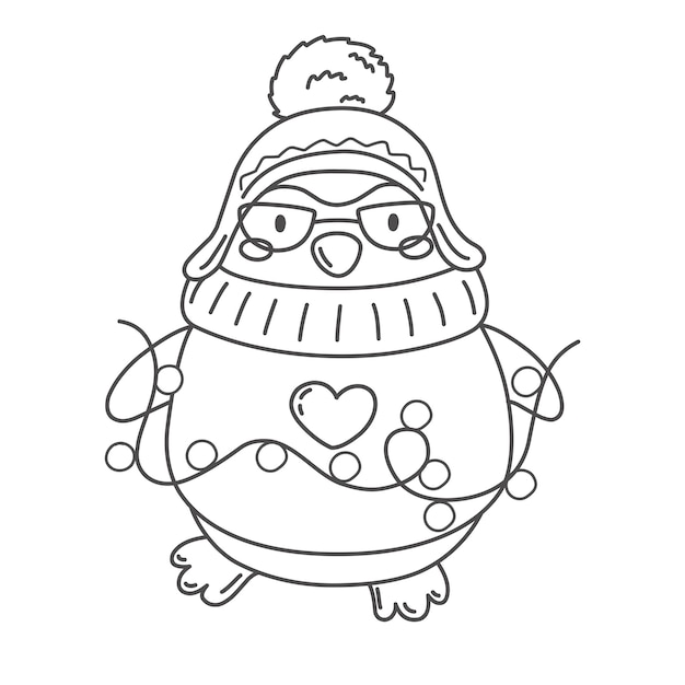 Cute penguin with garland coloring page Merry Christmas Vector