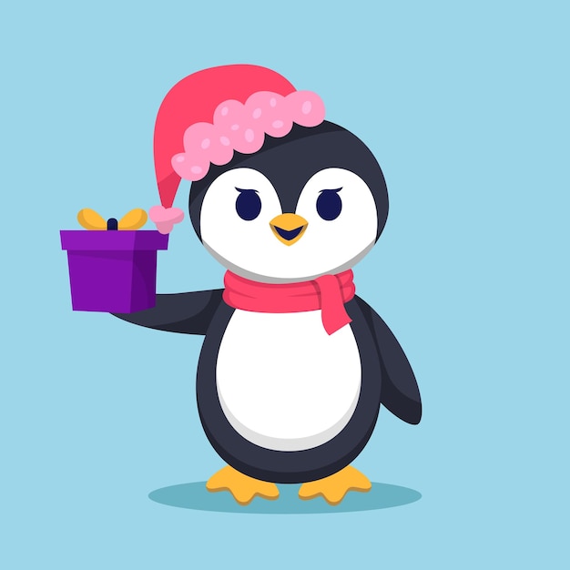 Cute Penguin with Gift Cartoon Illustration