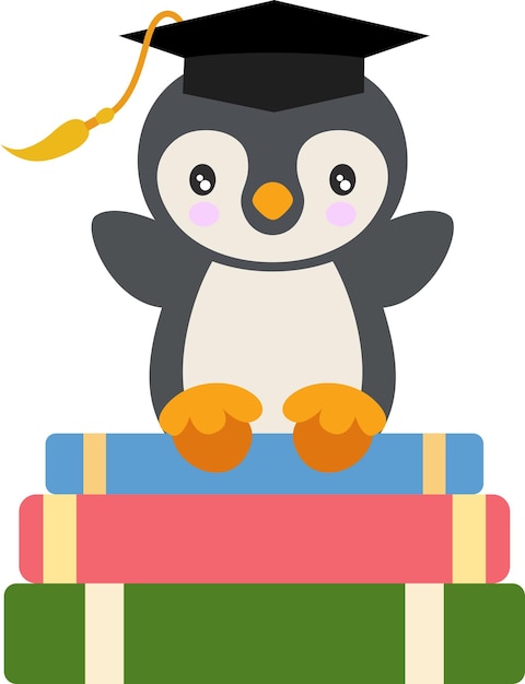 Cute penguin with graduation cap sitting on top of bookscdr