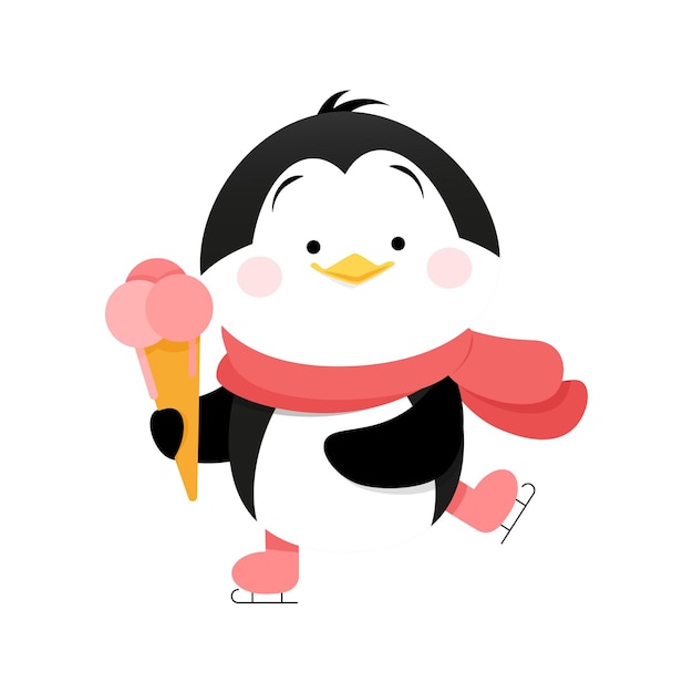 Cute penguin with ice cream is skating