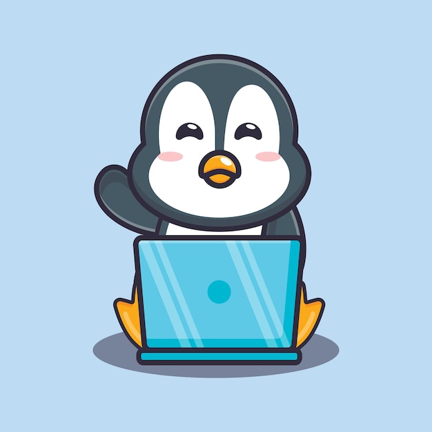 Cute penguin with laptop cute cartoon animal illustration