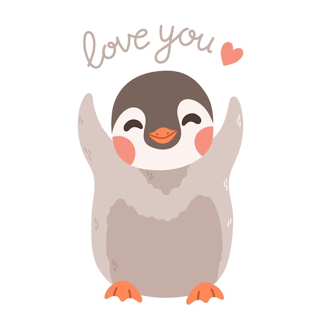 Cute penguin with lettering love you and heart. Penguin cartoon vector illustration.