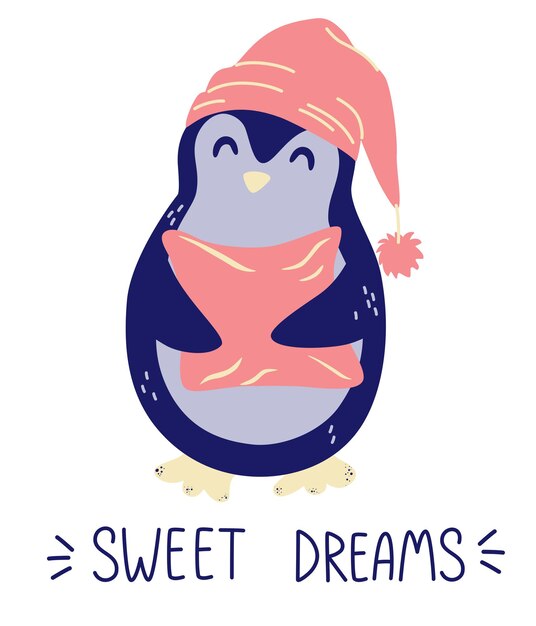 Cute penguin with a pillow sweet dreams good night concept design elements for nursery