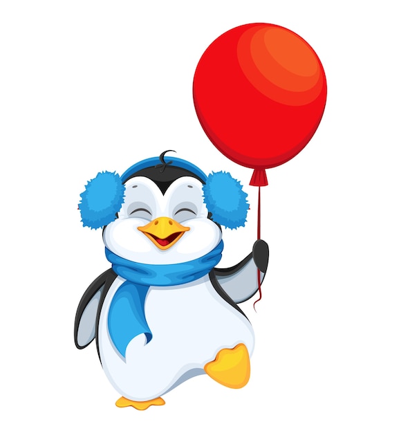 Cute penguin with red balloon. Merry Christmas