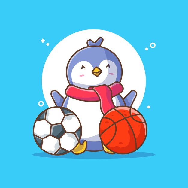 Vector cute penguin with scarf and balls