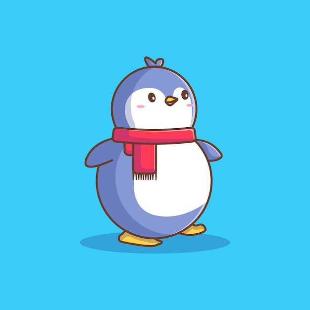 Vector cute penguin with scarf isolated on blue