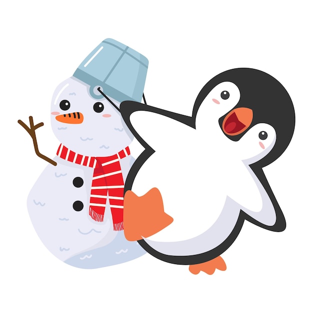 Cute Penguin with snowman cartoon flat