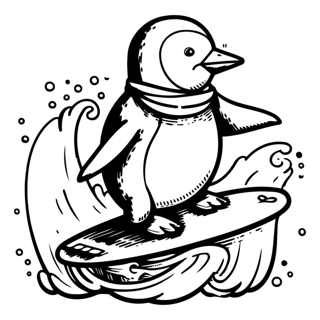 Pinguino carino con tavola da surf illustrazione vettoriale in stile cartone animato