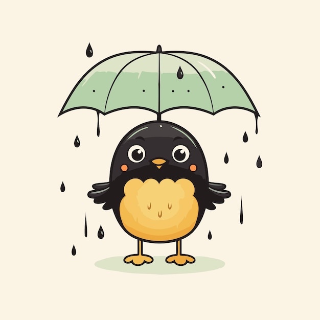Cute penguin with umbrella and rain Vector cartoon illustration