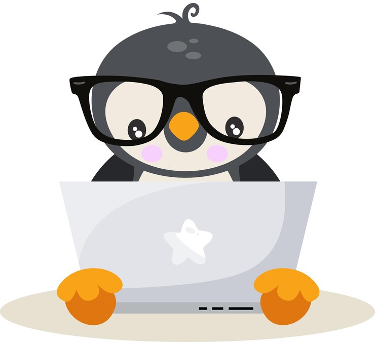 Vector cute penguin working with laptop
