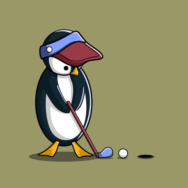 Vector cute penguins are playing golf on the course