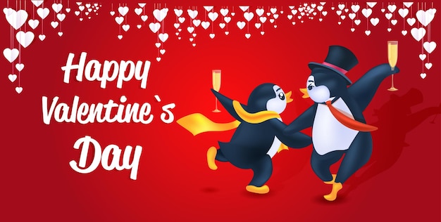 Coppia di pinguini carini che celebrano il felice giorno di san valentino uccelli antartici che si divertono a tutta lunghezza in orizzontale