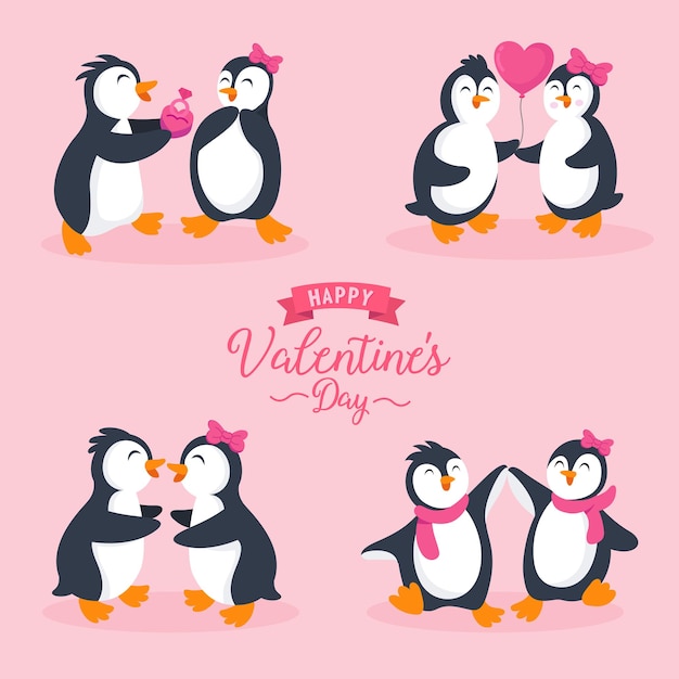 Cute penguins couple character set in different poses