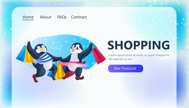 Cute penguins holding purchases sale poster holiday shopping seasonal discount concept full length horizontal copy space vector illustration