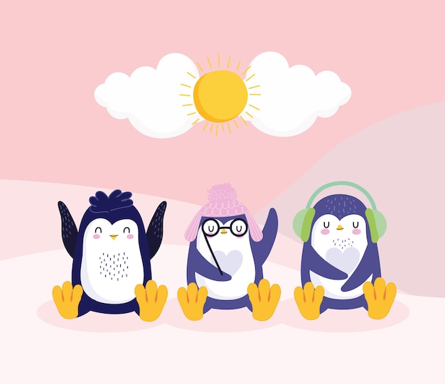 Vector cute penguins little hats earmuffs