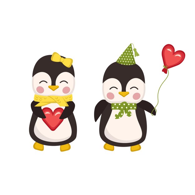 Cute penguins in love in childish style with red heart and balloon. festive funny animals, valentine day decoration. vector flat illustration