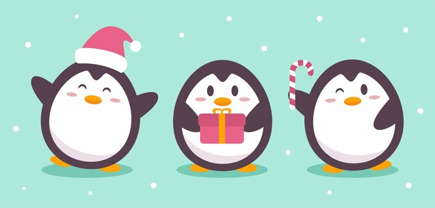 Cute Penguins Merry Christmas Vector Illustration