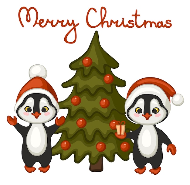 Cute penguins in red hats of Santa Claus near the Christmas tree.