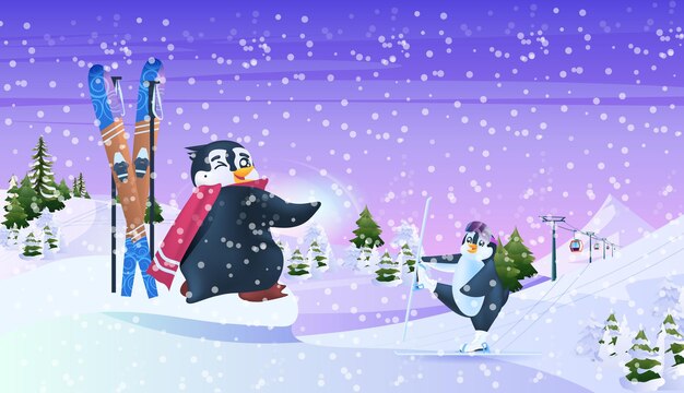 милые пингвины на лыжах лыжный курорт концепция снегопад пейзаж фон полная длина горизонтальная векторная иллюстрация