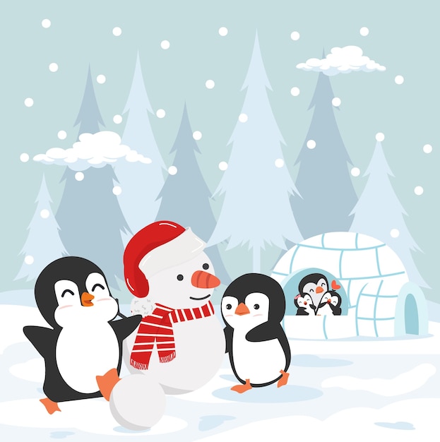 Cute Penguins Winter playing snow