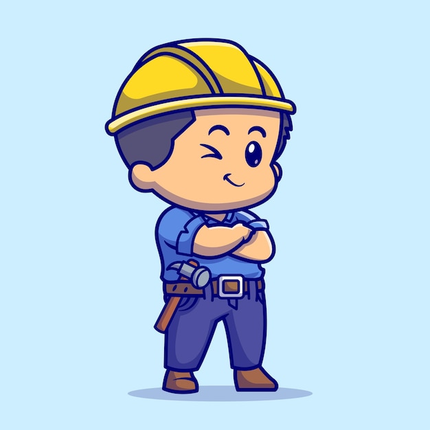 Cute People Contractor Cartoon Vector Icon Illustration. People Building Icon Concept Isolated Premium Vector. Flat Cartoon Style