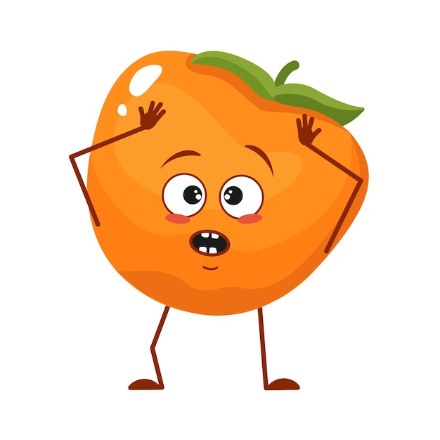 Cute persimmon character with emotions in a panic grabs his head, face, arms