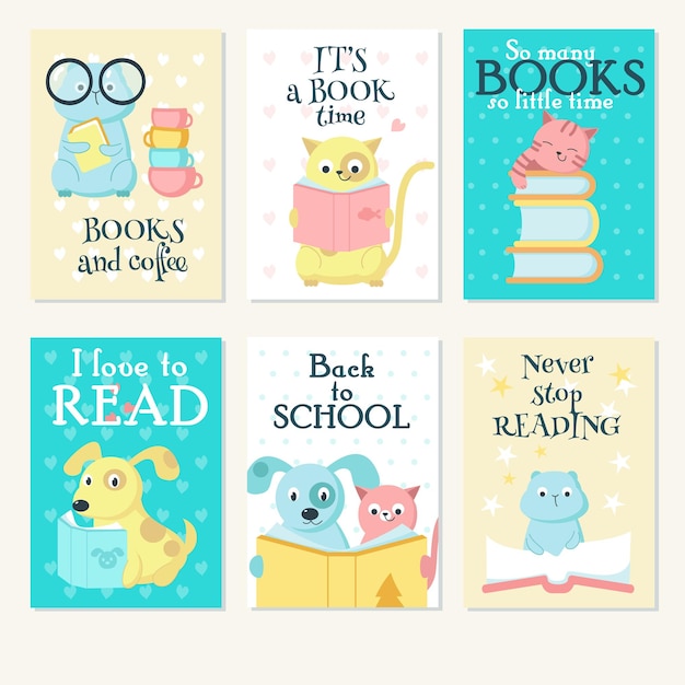 Vector cute pet animals reading books vector card set