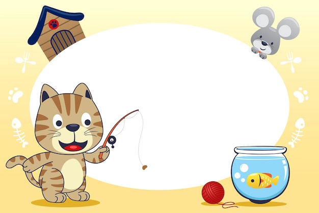 Вектор Милый питомец с пустым знаком смешной кот с мышью на рыбалке векторные иллюстрации домашних животных