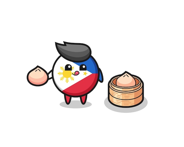 Cute philippines flag badge character eating steamed buns